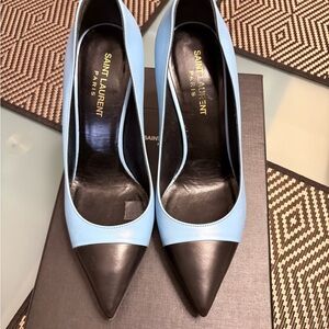 Saint Laurent Sky Blue Cap Toe Black Heels (Sz 38.5)
